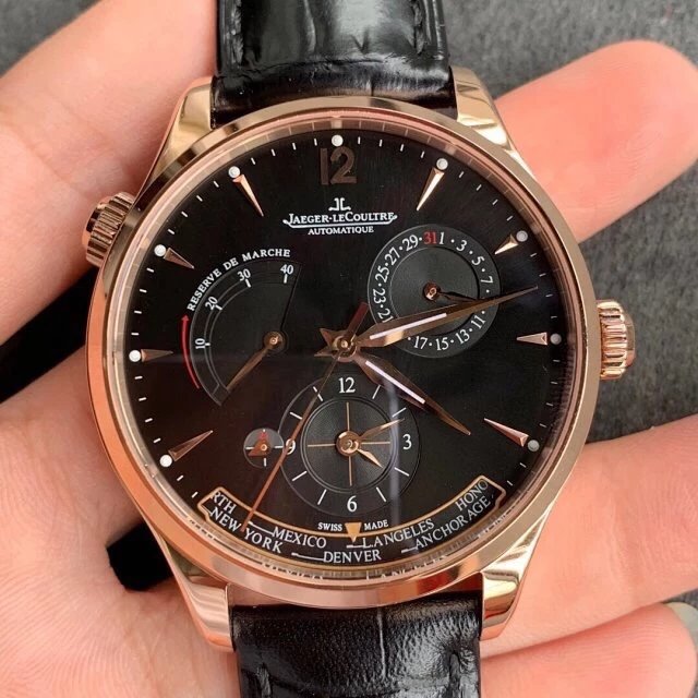 TWA厂积家大师系列1422521地理学家玫瑰金黑盘皮带男士机械手表
